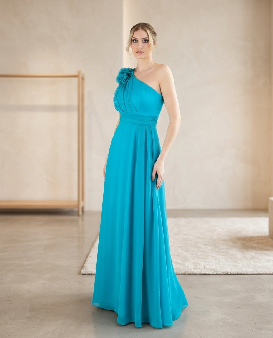 Vestido de fiesta Grace ,asimétrico en gasa vaporosa  color turquesa