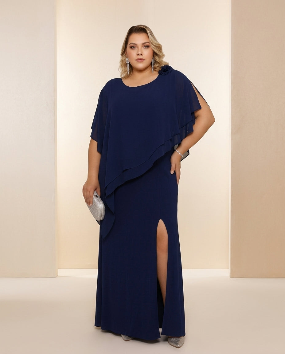 Vestido de fiesta Milena con capa y flor lateral , falda en seda fría capa en gasa