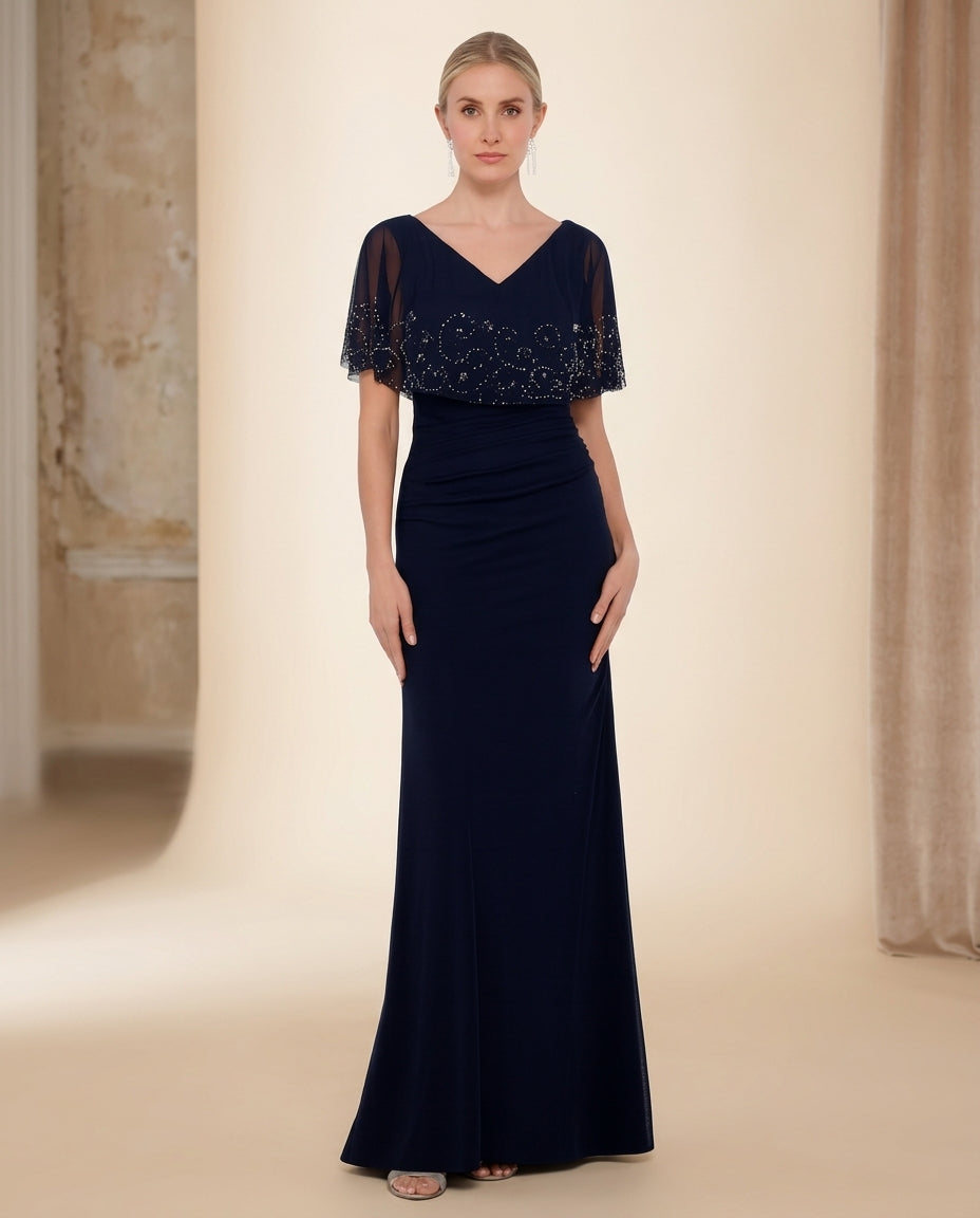 Vestido de fiesta Cristal con capita y aplicaciones en pedrería color azul talla 40