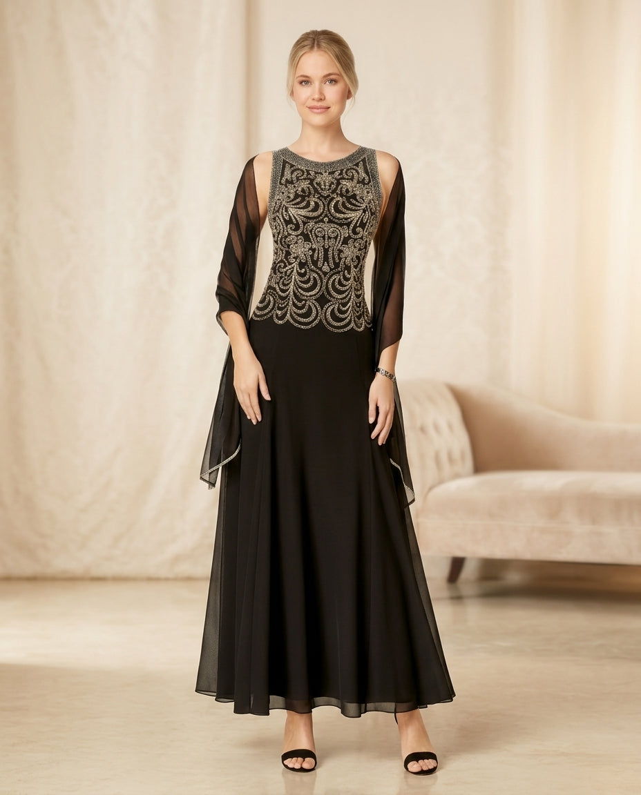 Vestido de fiesta Marinier con aplicaciones superiores en plata y dorado y falda en gasa vaporosa