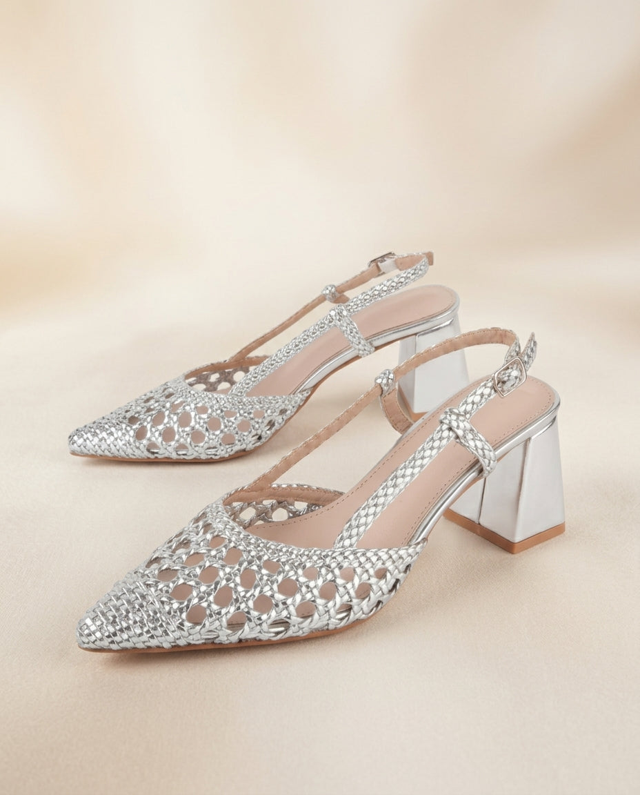 Sandalia para novia y fiesta  canasto, taco 8 cms, sin talon, procedencia España