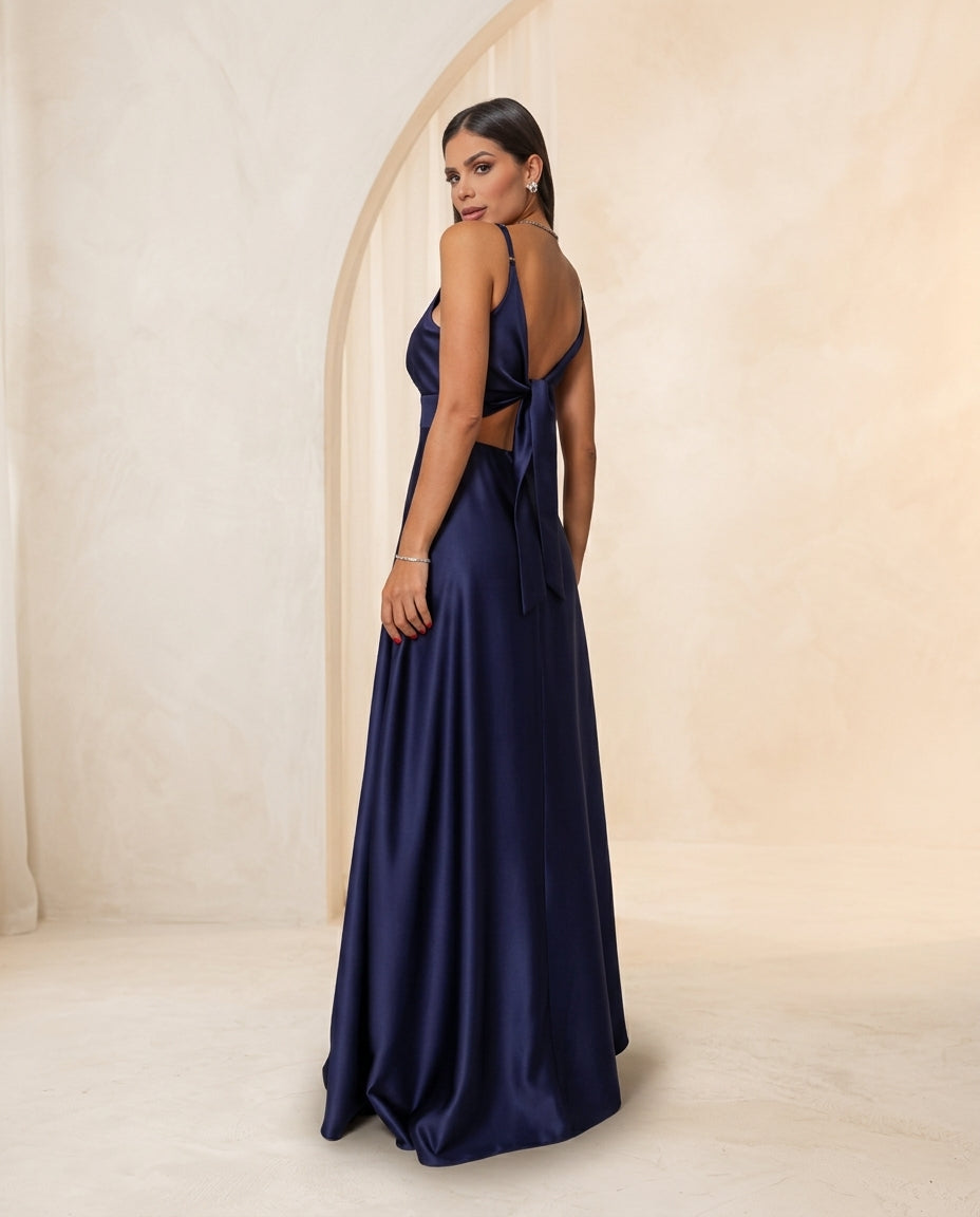 Vestido de fiesta Morin en raso y tirantes espagueti , espalda descubierta