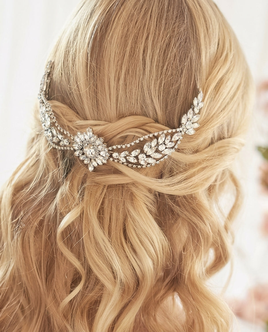 Tocado Ambar alargado con brillos y pedrería para moño o cabello tomado