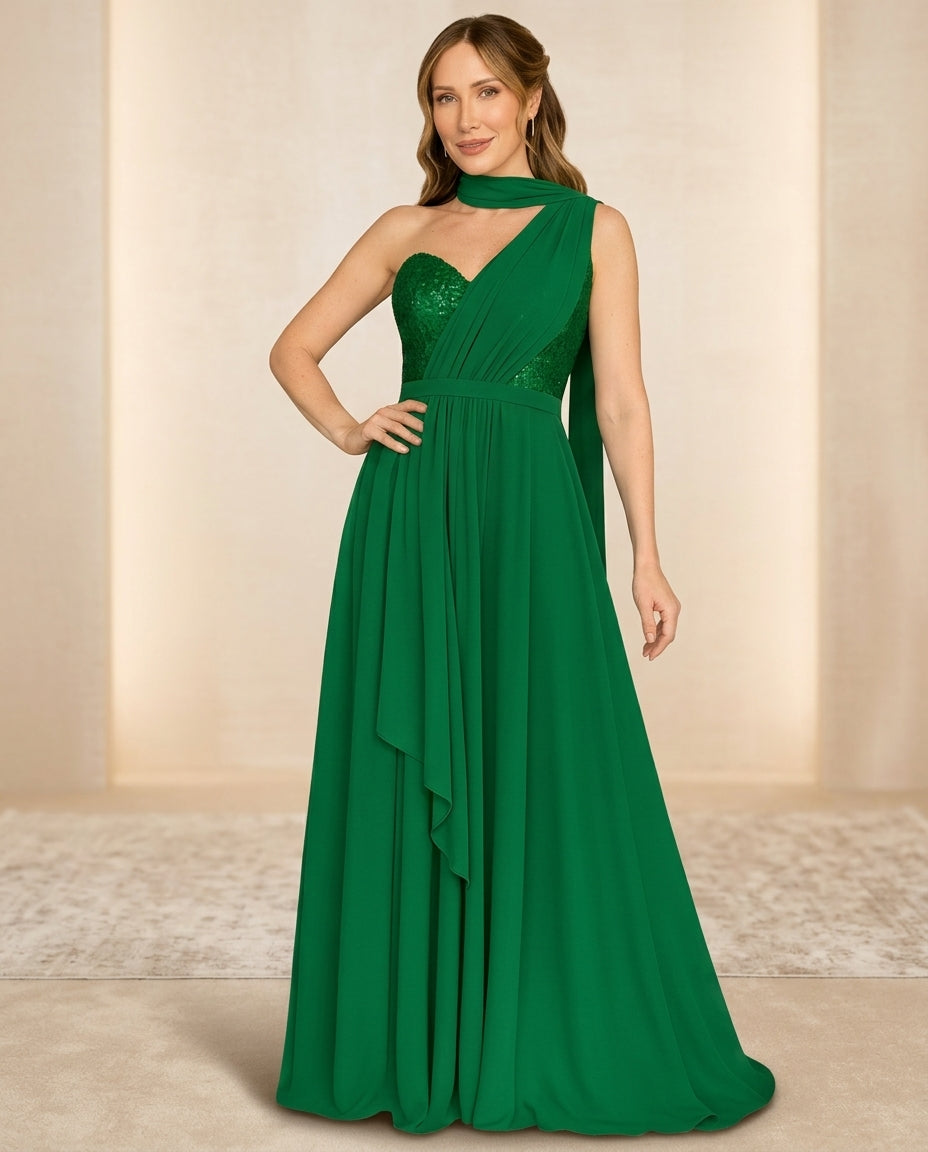 Vestido de fiesta Carolina asimétrico y con alita aplicación de brillo sutil