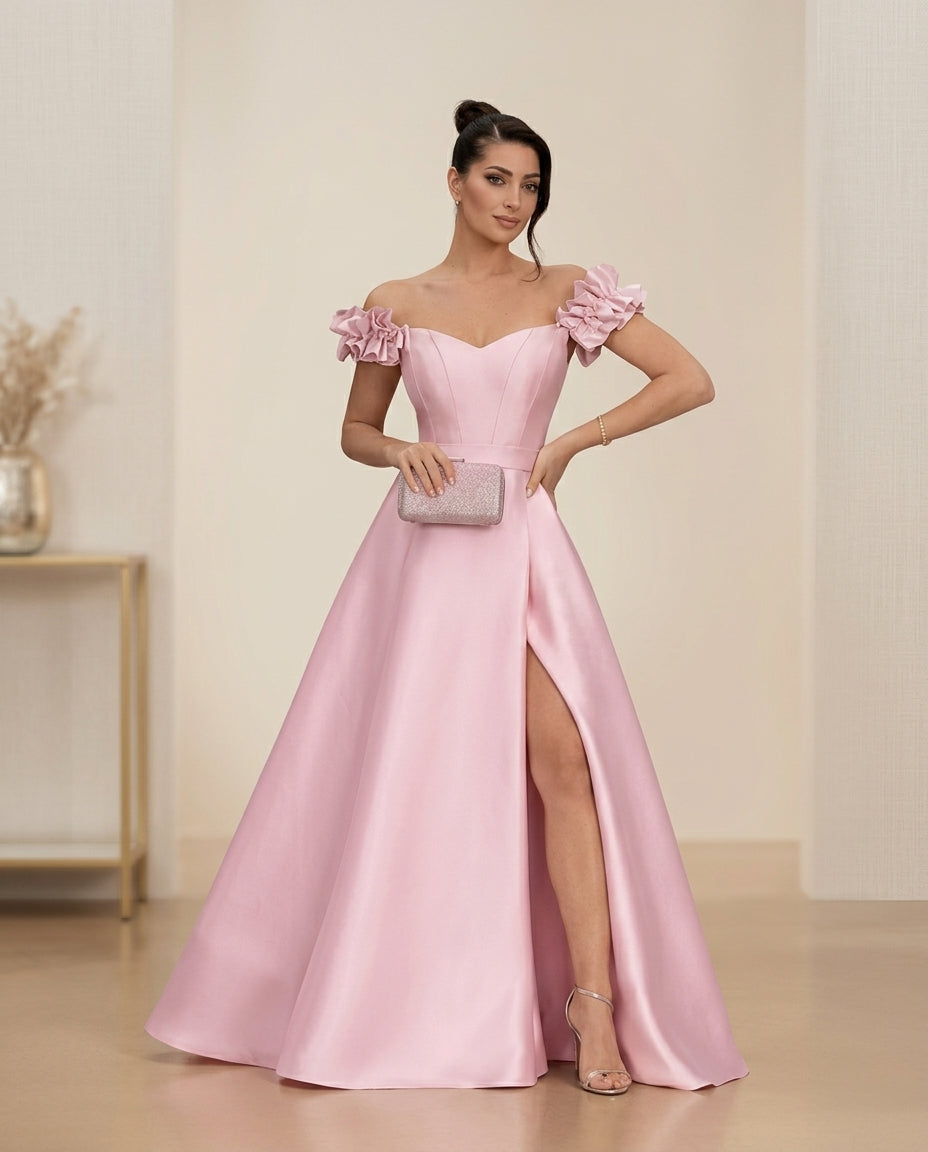 Vestido de fiesta Brenda mangas dior , falda evasé y escote corazon