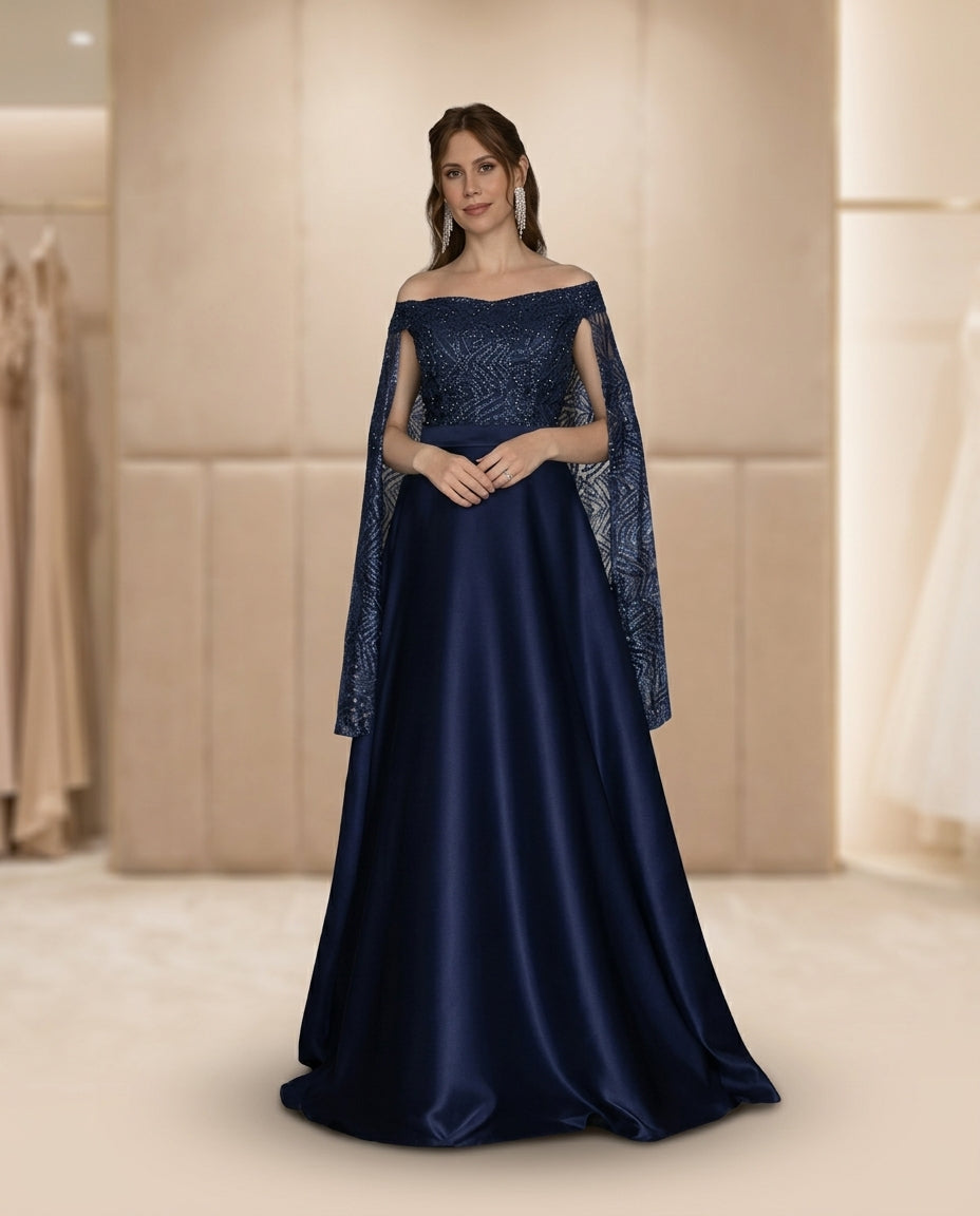 Vestido de fiesta Álma con falda en raso y encaje con brillo ,mangas ala y escote cuadrado