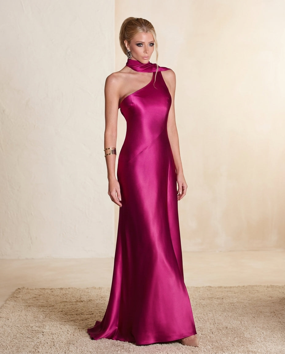 Vestido de fiesta Silvana en color fucsia y lazo elegante caída liviano