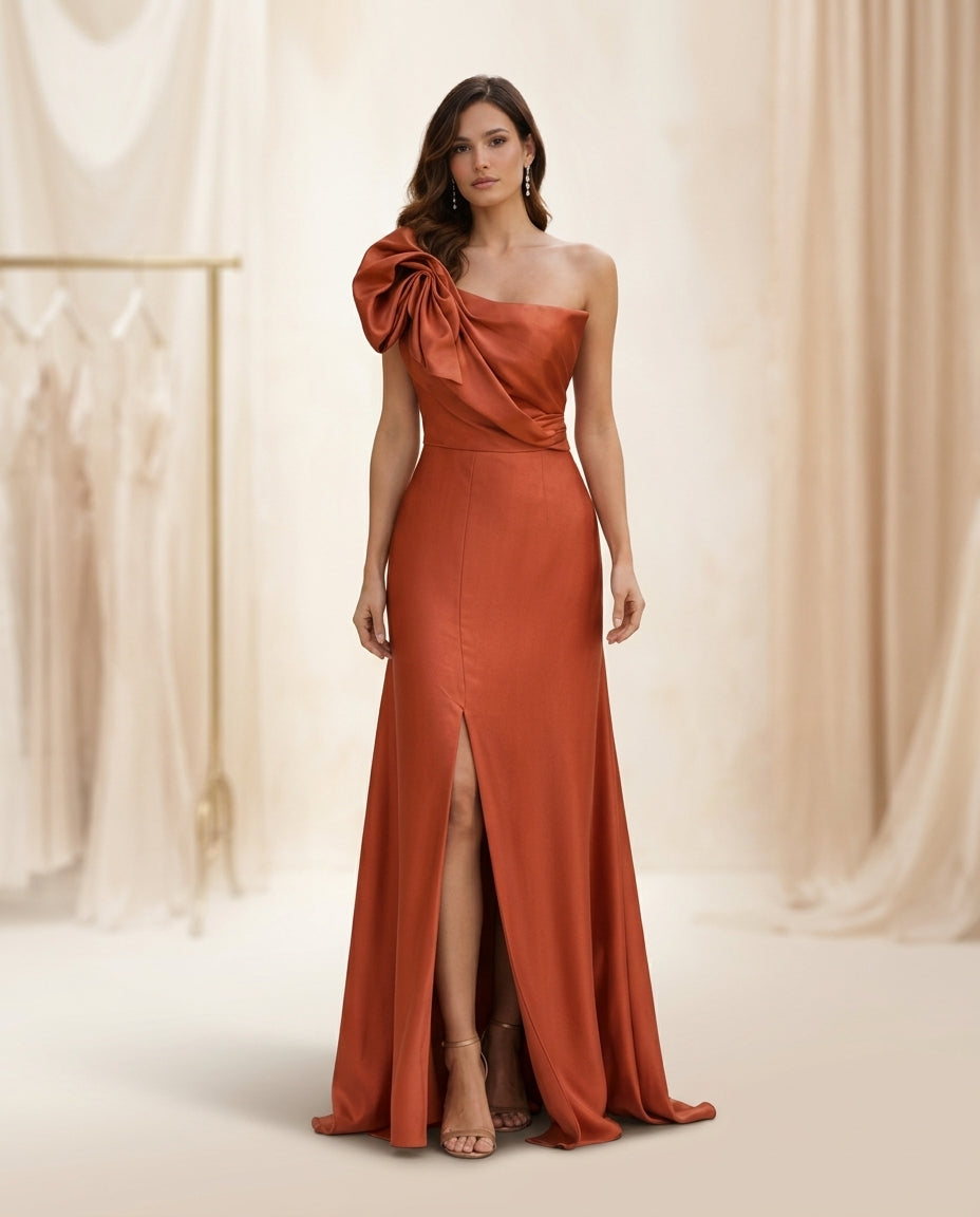 Vestido de fiesta jade en tela satinada y escote asimétrico