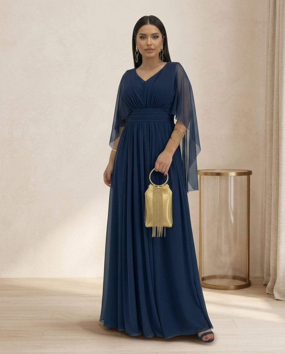 Vestido de fiesta Gaby ,drapeado en la cintura y manga ala muy liviano