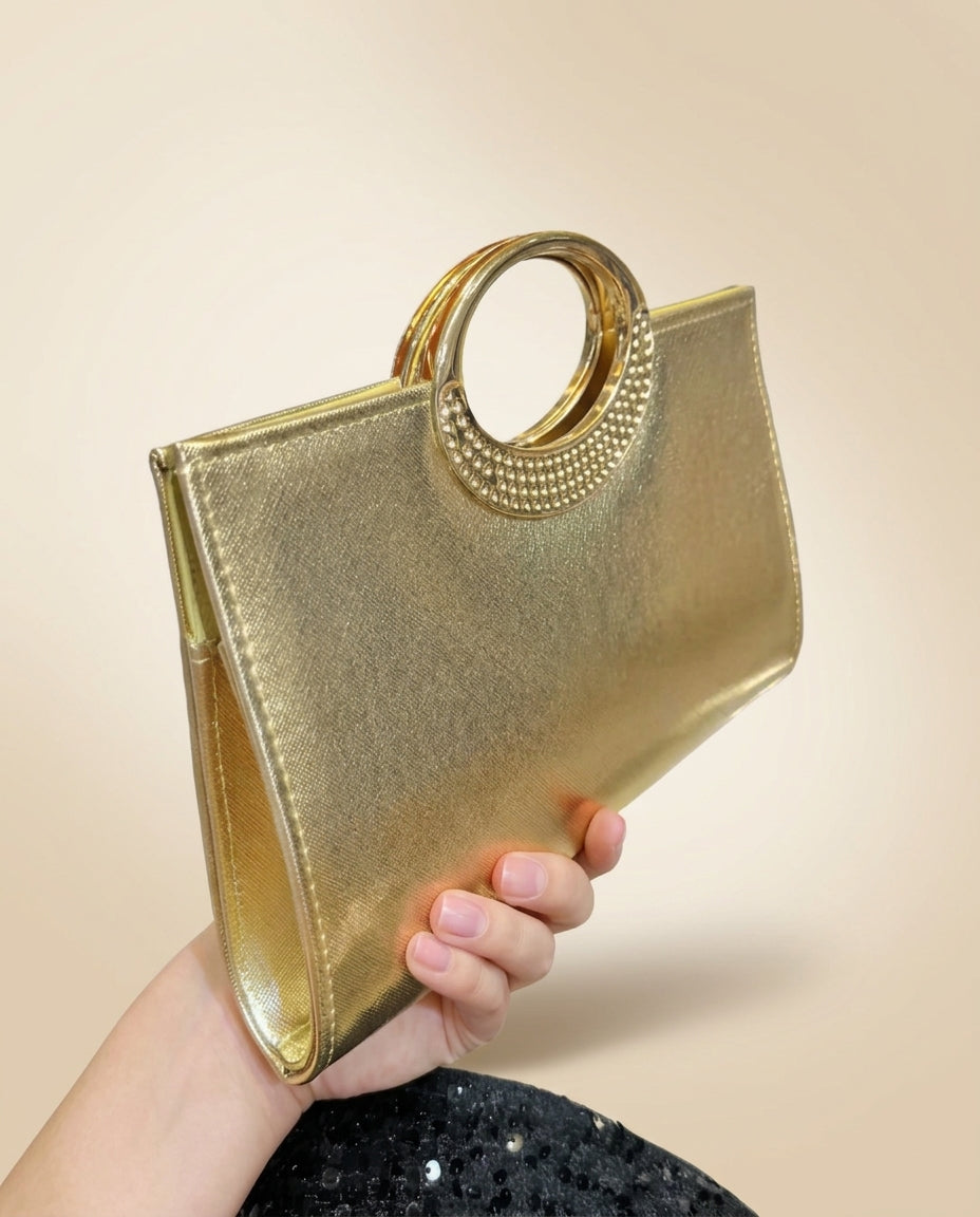 Bolso de fiesta Dore star en tonos dorados y aplicaciones brillantes con mango y cadena para colgar