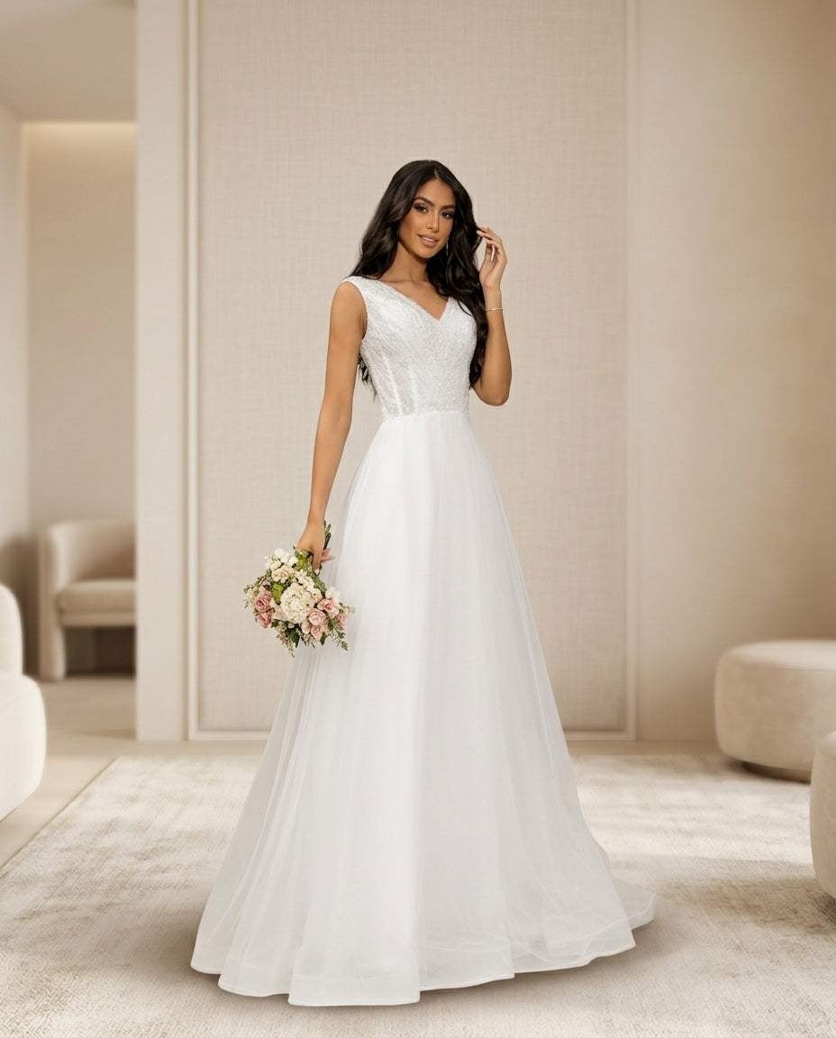 Vestido de Novia  Vanda Tul con Brillo Sutil en el Torso – Línea A Elegante y Romántico