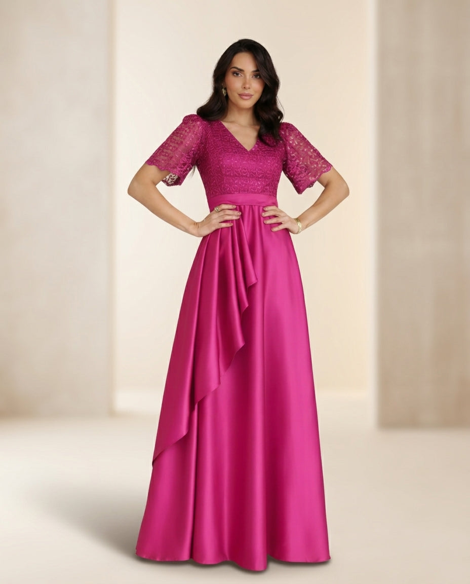 Vestido de fiesta Renata,falda de tela satinada y cuerpo de encaje