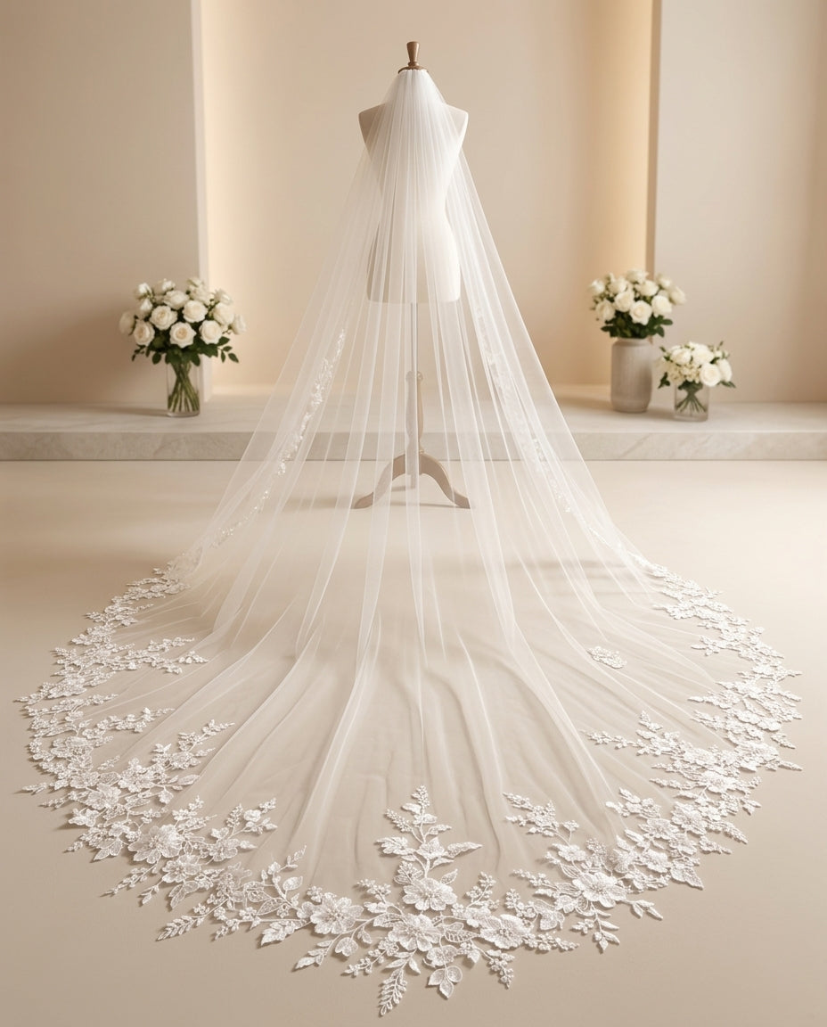Velo de novia catedral con encaje bordado de 3,5 metros, 1 capa 3D