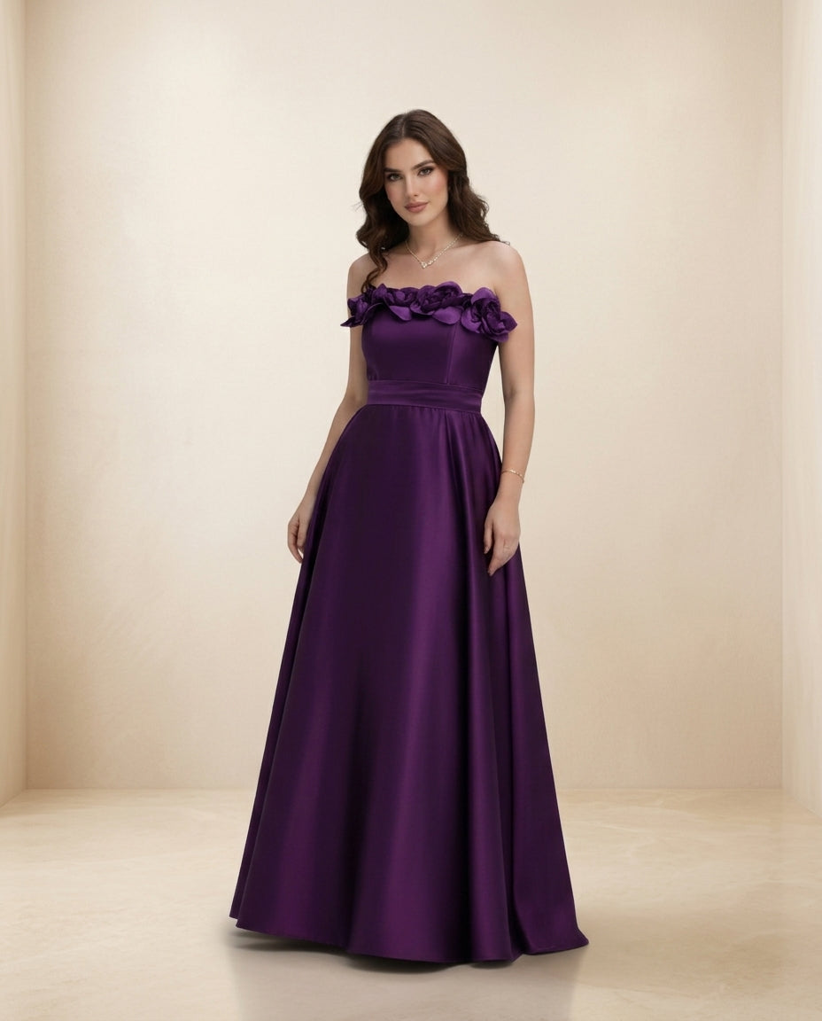 Vestido de fiesta strapples Mariela con aplicaciones 3D