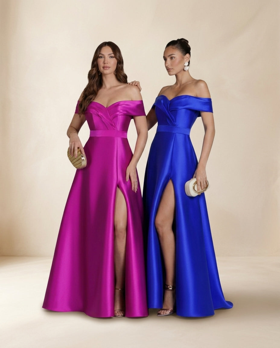 Vestido de fiesta Isidora tela satinada y hombros descubiertos