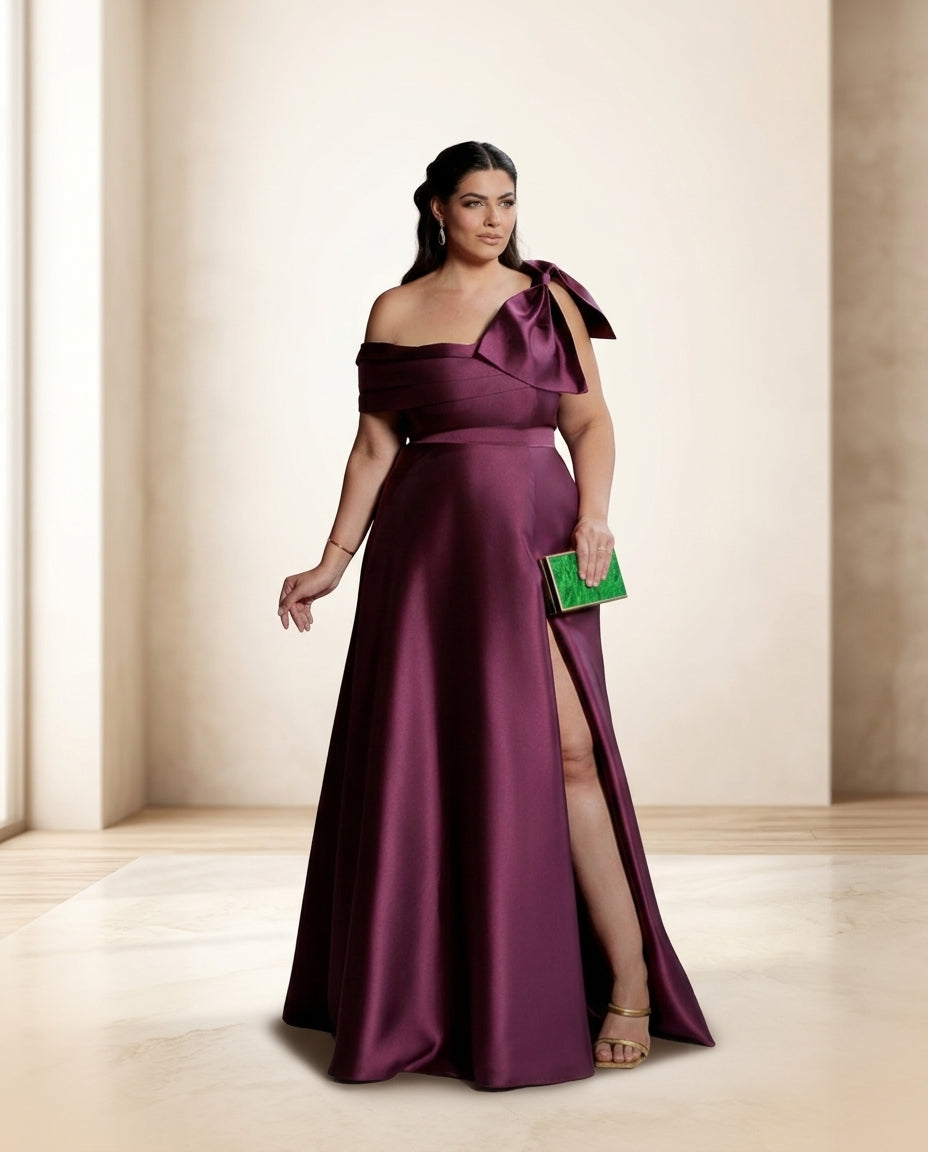 Vestido de fiesta Tere hombro descubierto lazo y tela satinada