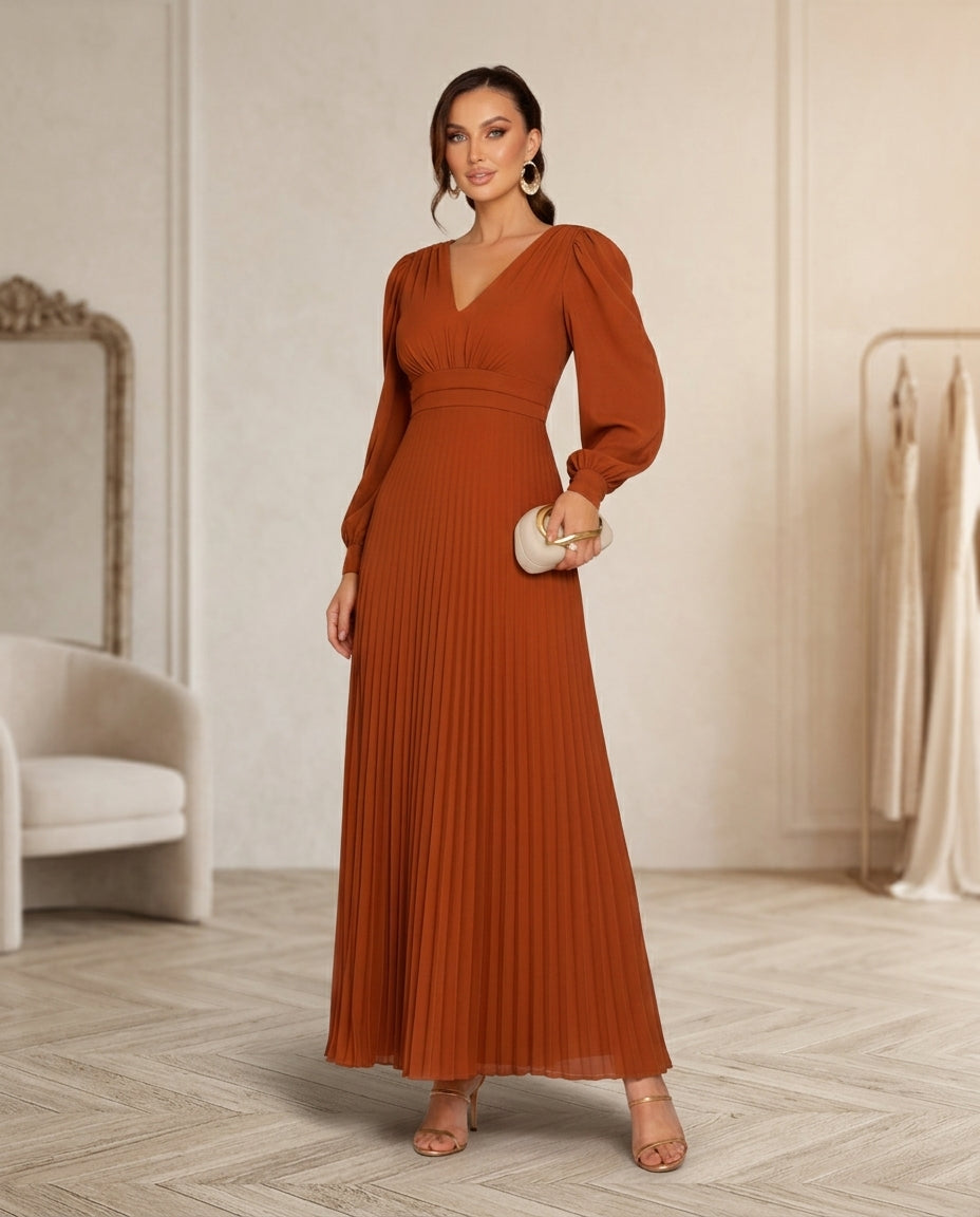 Vestido de fiesta Yazmin falda plisada y mangas largas