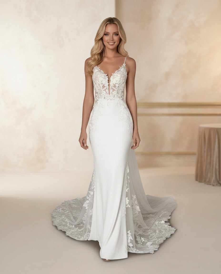 Vestido de novia Ferny sirena con encaje floral y cola bordada