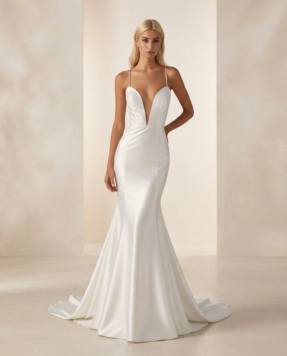 Vestido de novia Amalia sirena con escote profundo y tirantes delicados