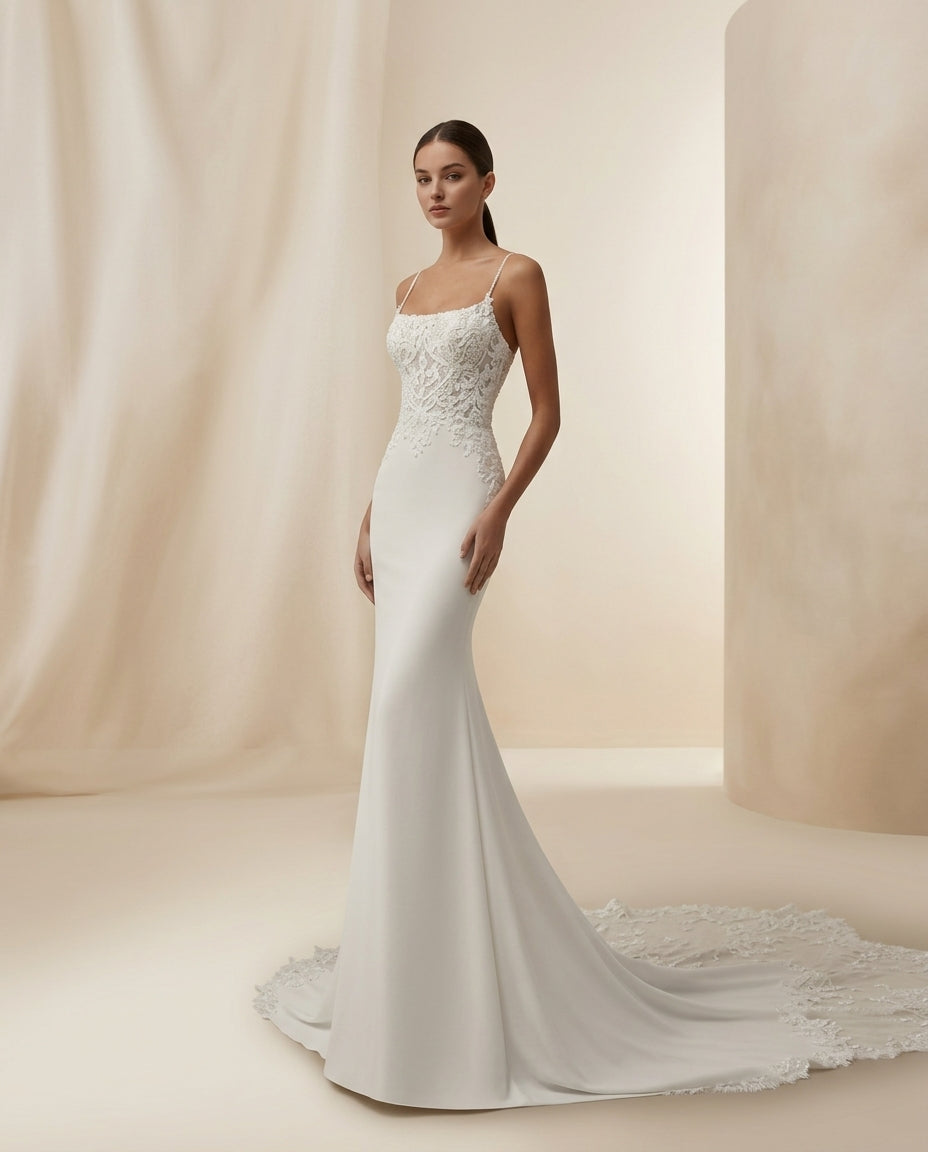 Vestido de novia Darling sirena con escote bordado y cola de encaje elegante (Preventa)