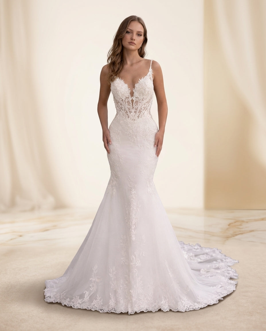 Vestido de novia Josefa sirena de encaje floral y espalda abierta (preventa)
