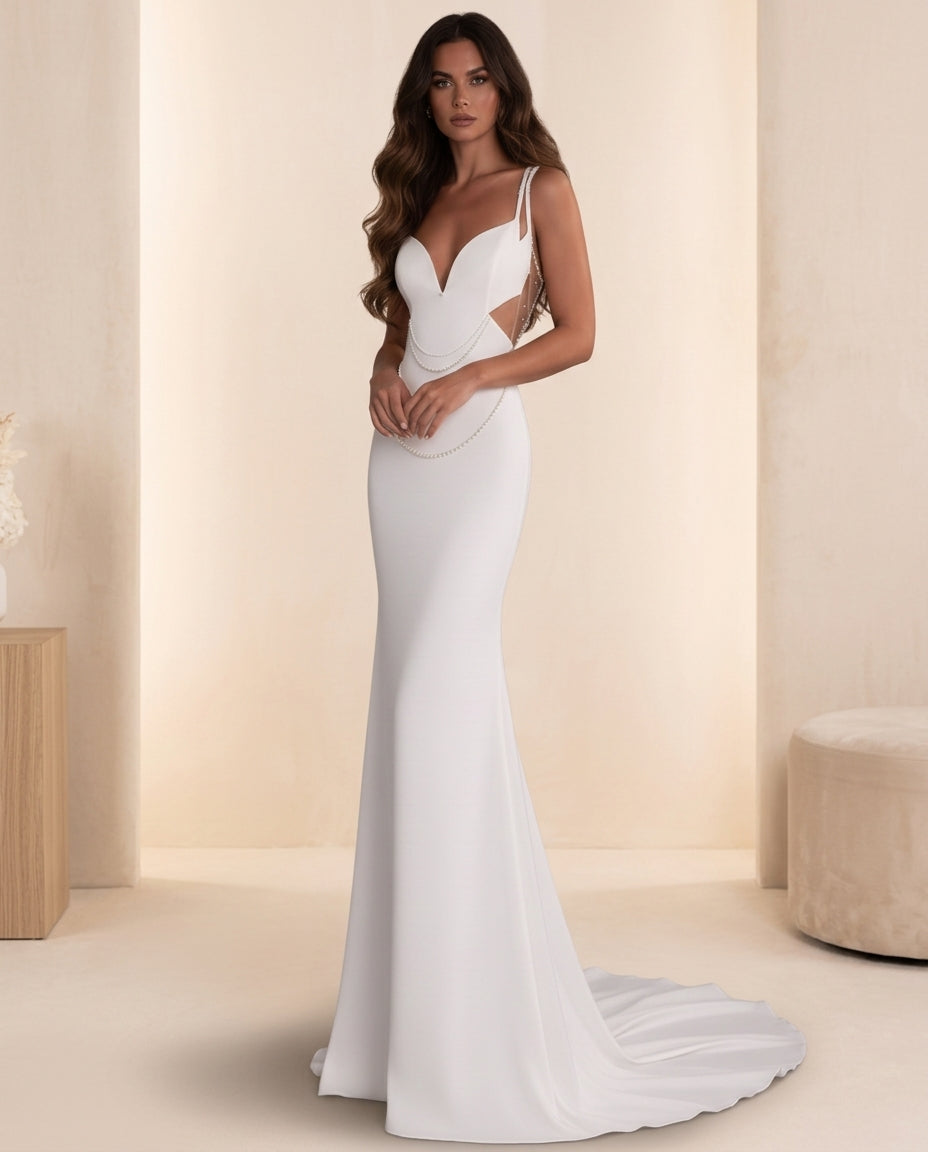 Vestido de novia Kerry sirena minimalista con espalda abierta y aplicaciones(preventa)