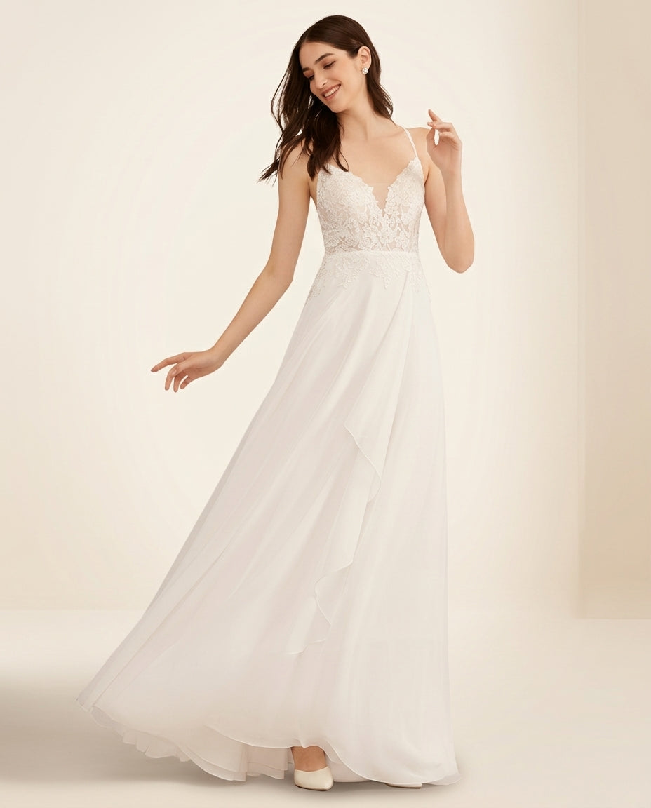 Vestido de novia Lily muy liviano y vaporoso ,volante delantero