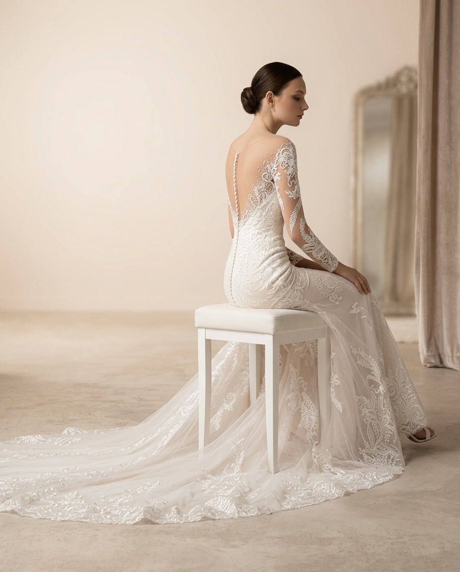 Vestido de novia Magnolio estilo trompeta con mangas y escote corazon