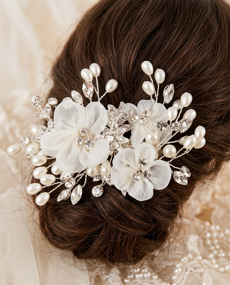 Tocado de cabello Edy en flores de tela y toques de perlas ,color plateado