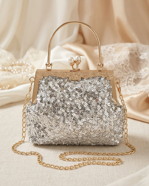 Bolso de fiesta resplandor para tonos plateados y dorados ,mango y cadena para colgar