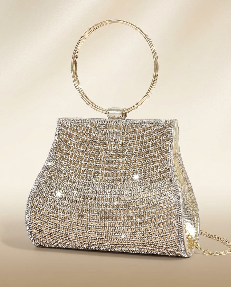 Bolso de fiesta con manilla y cadena para colgar en tono dorado