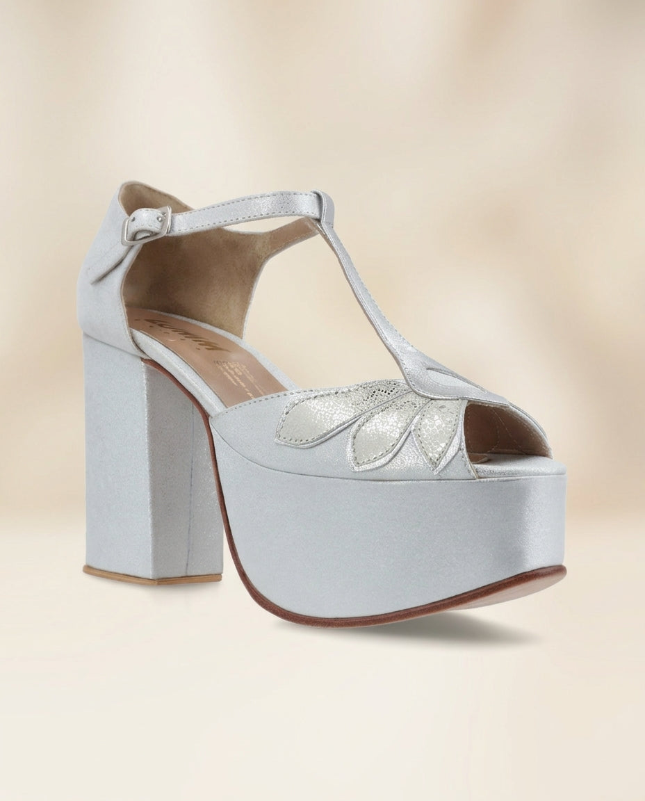 Sandalia de cuero para novia y fiesta Caléndula Calliari,Tacón 11 cms y plataforma 5,5 cms procedencia Argentina