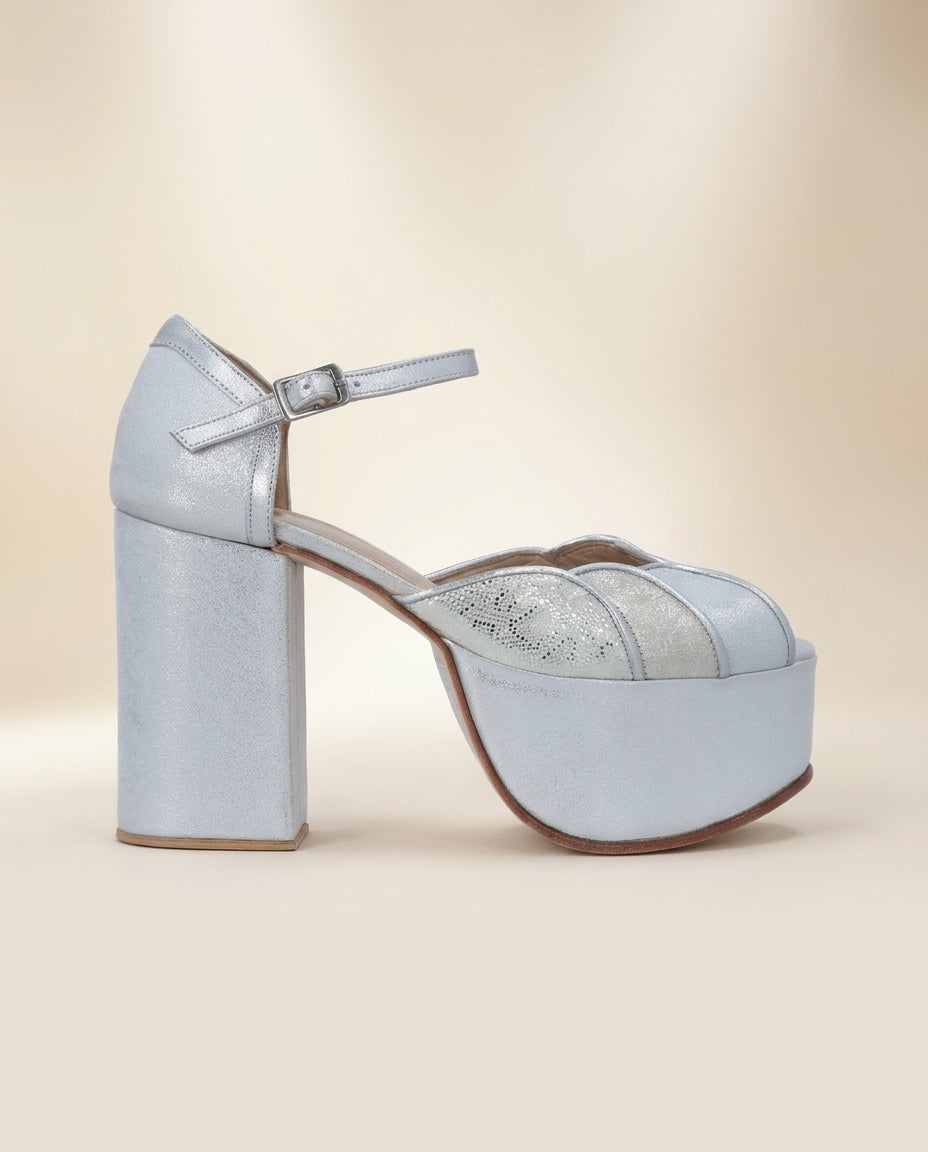 Sandalia de cuero para novia y fiesta Arenaría calliari  taco 11 cms y plataforma 5,5 cms