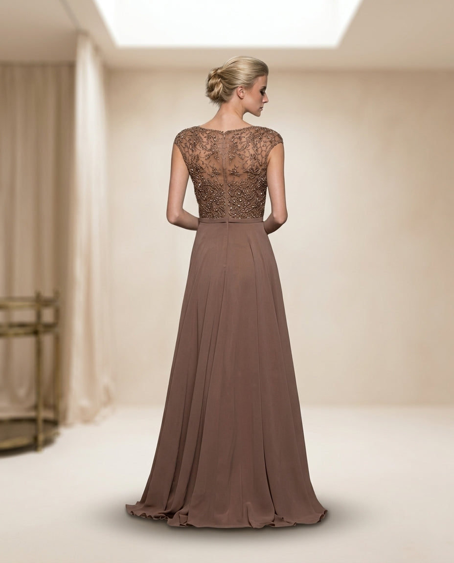 Vestido de fiesta Ángela color marrón talla 40 con brillo sutil superior