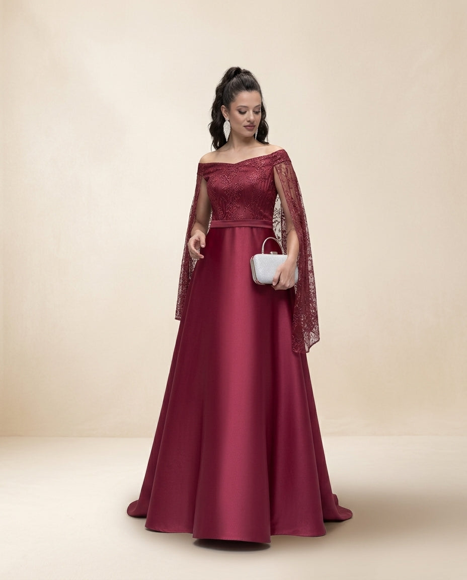 Vestido de fiesta Álma con falda en raso y encaje con brillo ,mangas ala y escote cuadrado