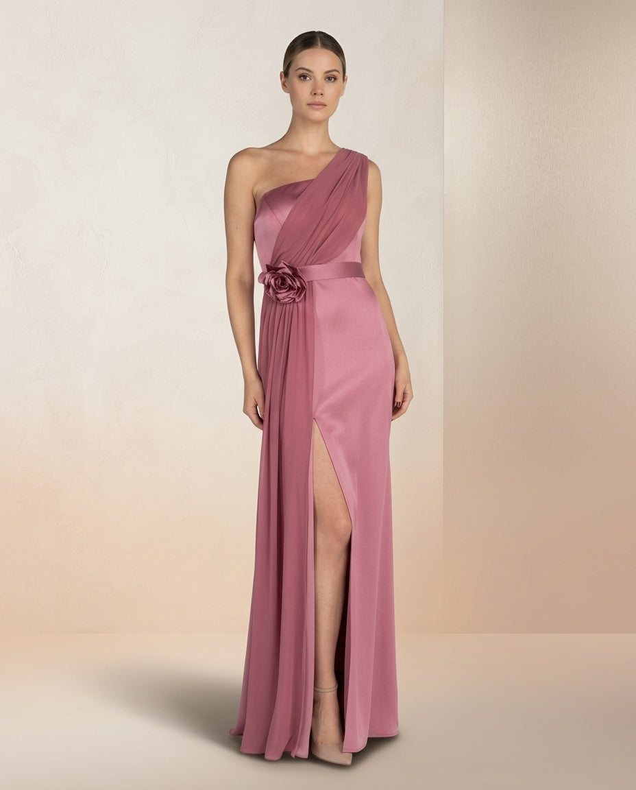 Vestido de fiesta Emma en gasa y tela satinada corte asimétrico gran versatilidad