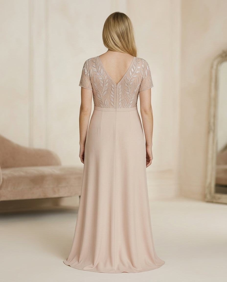 Vestido de fiesta Alex con corte simetrico y aplicaciones sutiles y elegantes talla 40 y color rosa palo