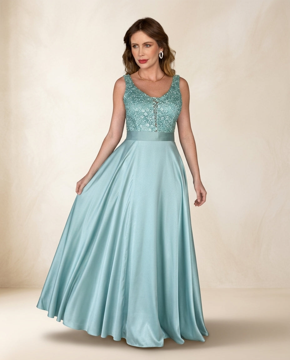 Vestido de fiesta Monic con falda en raso y brillo superior