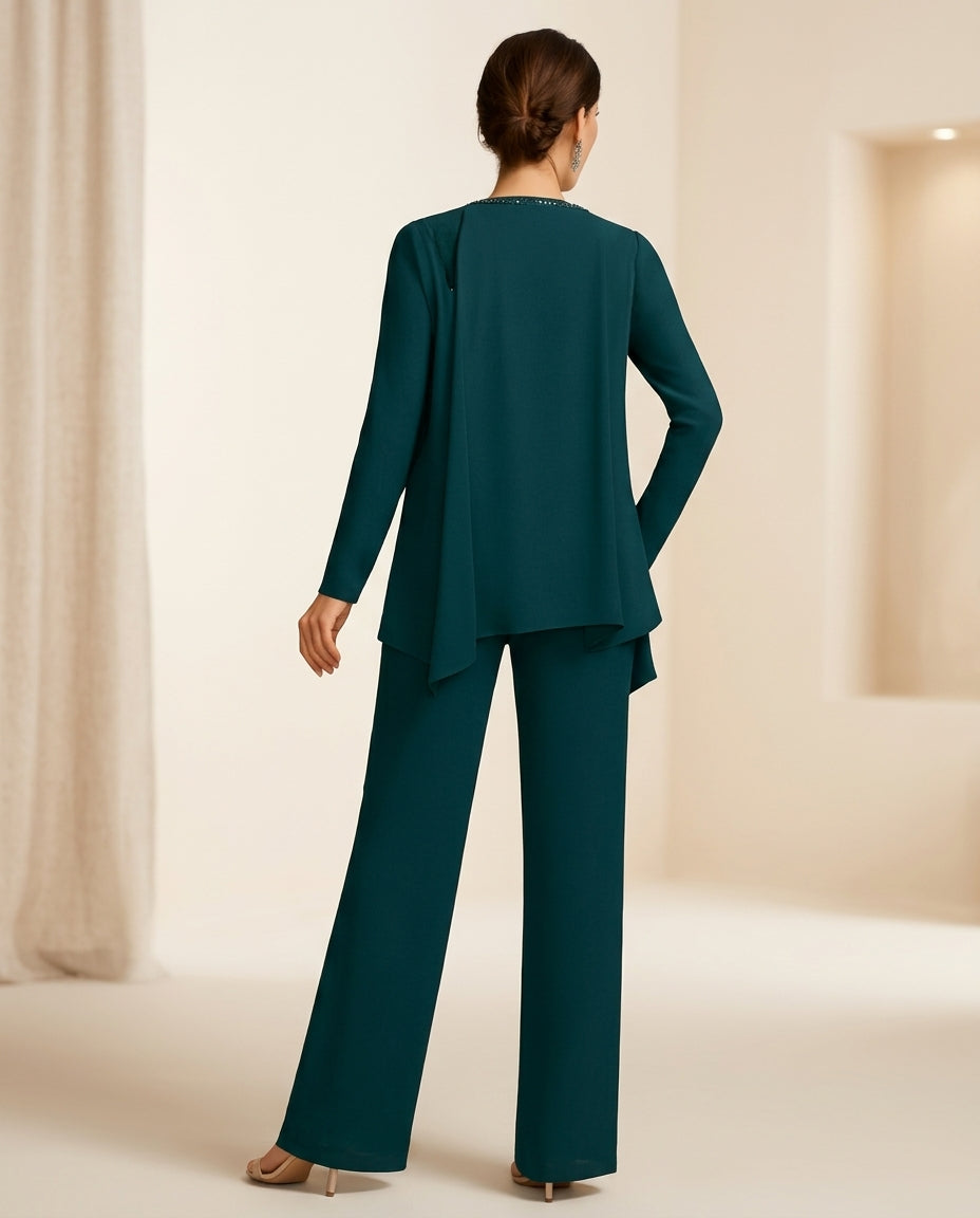 Traje de fiesta Tamy en color petróleo de 3 piezas aplicaciones sutiles en chaqueta