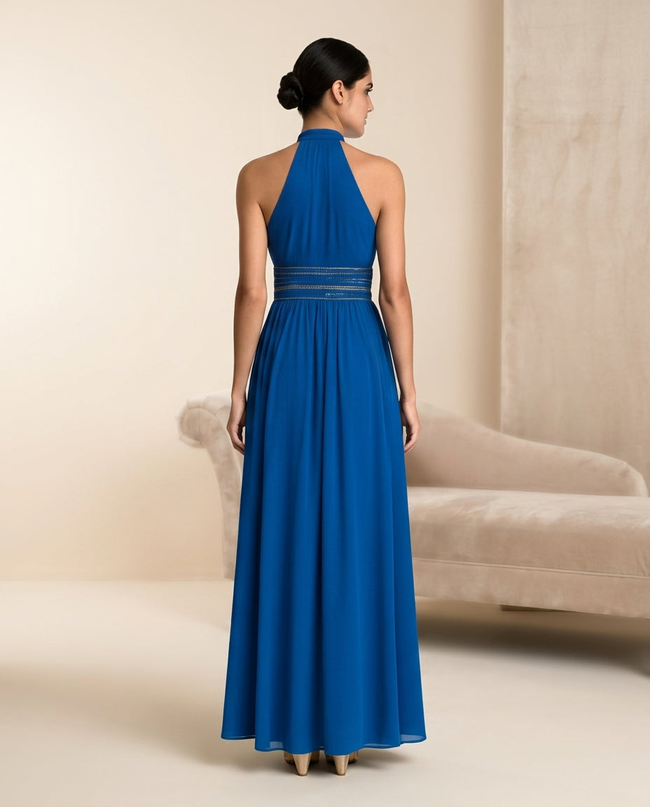 Vestido de fiesta Andrés cuello halter color azulino y aplicaciones en la cintura