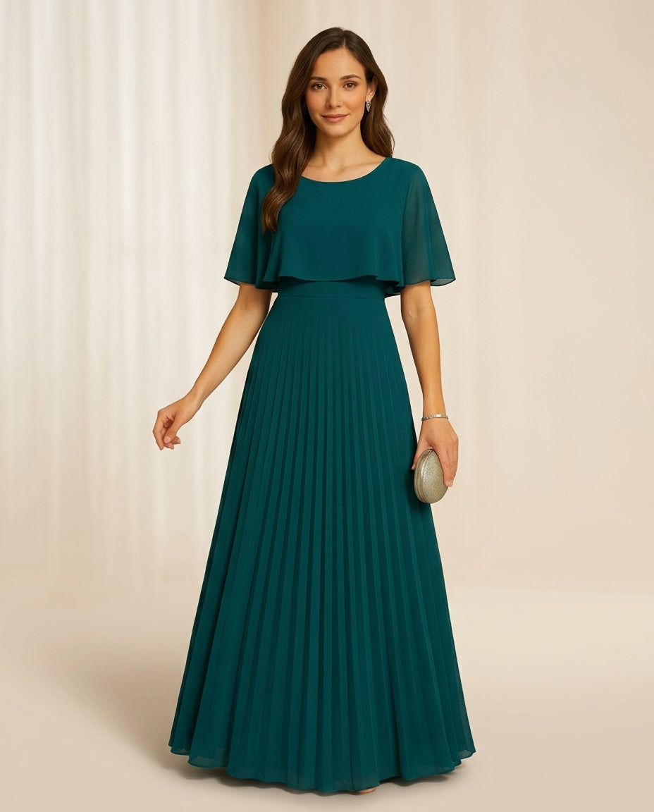 Vestido de fiesta Muriel con capita y falda plisada escote redondo