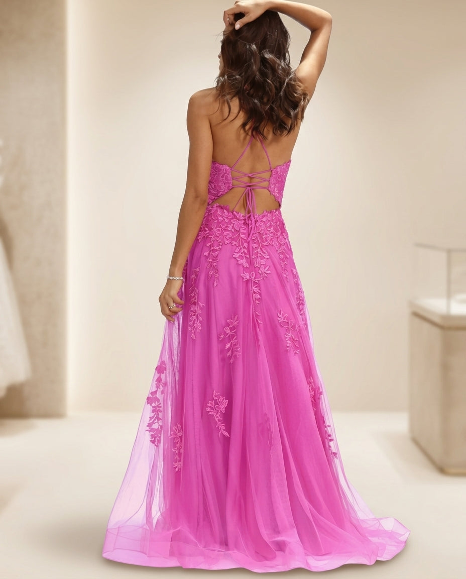 Vestido de fiesta Greta ,espalda descubierta en corte princesa color fucsia