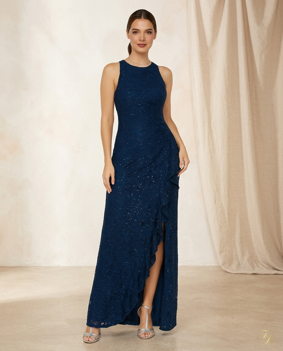 Vestido de fiesta Rosana en encaje y brillo leve ,color azul talla 44