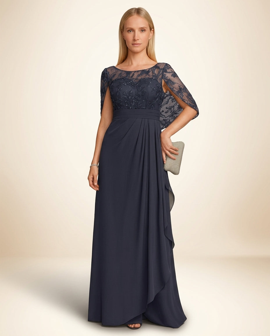 Vestido  de fiesta Marcia con manga capa , aplicaciones y encaje