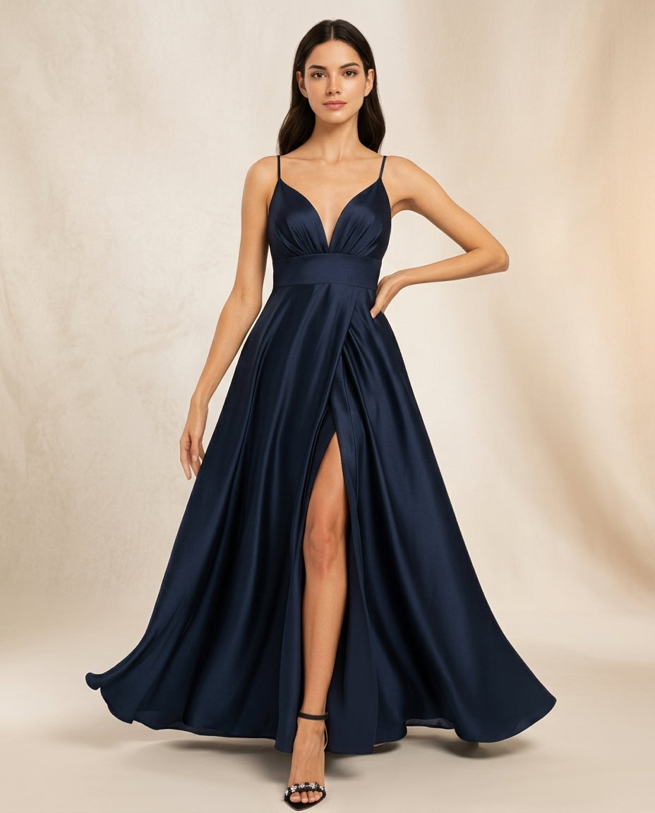 Vestido de fiesta Ary en color Azul satinado y hermosa cola