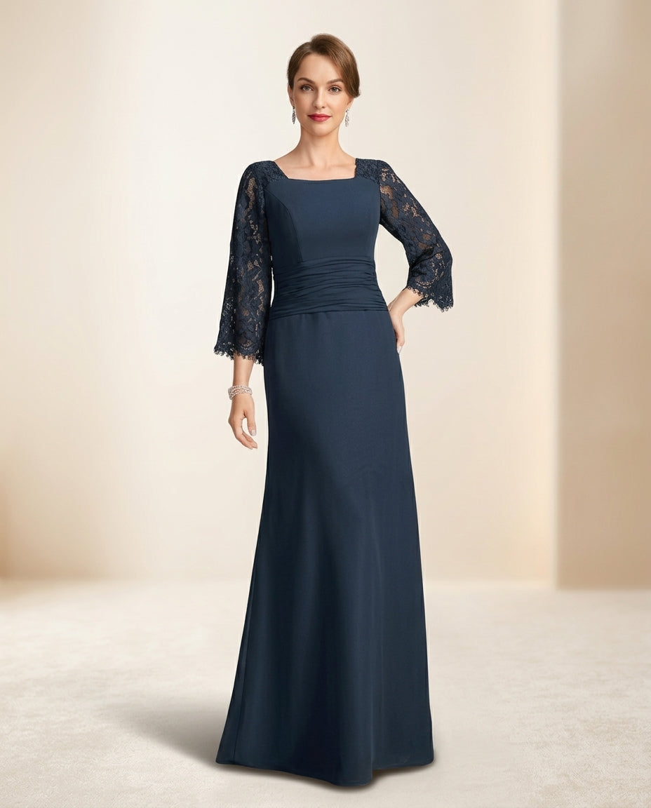 Vestido de fiesta Melania con mangas largas en elegante  encaje y corte drapeado en la cintura