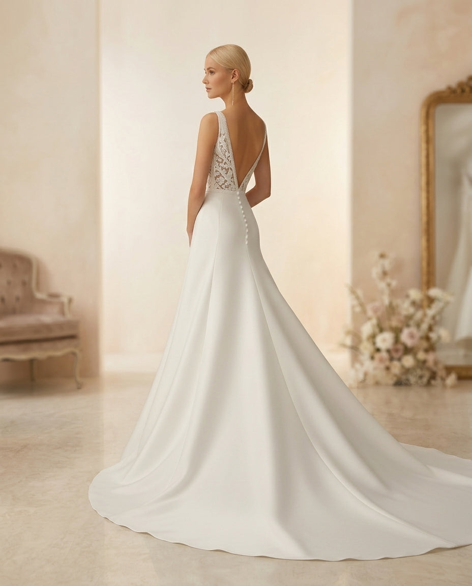 Vestido de novia Coquette en satin y macrame , estilo sirena