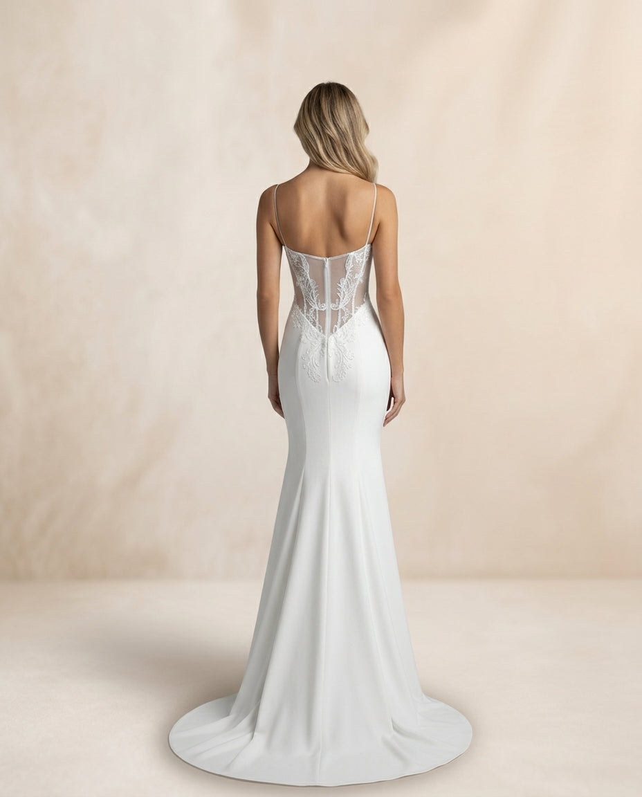 Vestido de novia Mandy estilo sirena con aplicaciones , elegante cola y delicada transparencia floral(preventa)