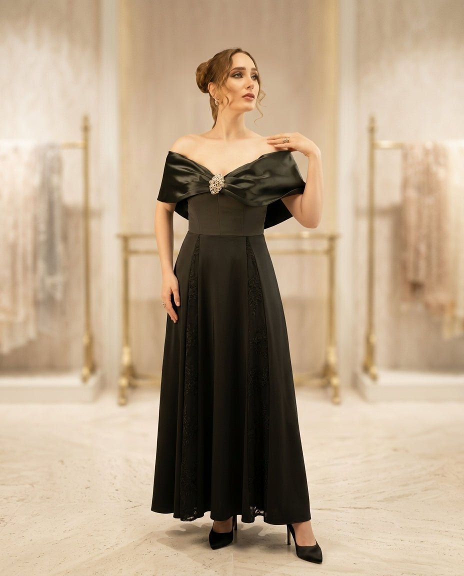 Vestido de fiesta Mandy hombros descubiertos y cuello en raso