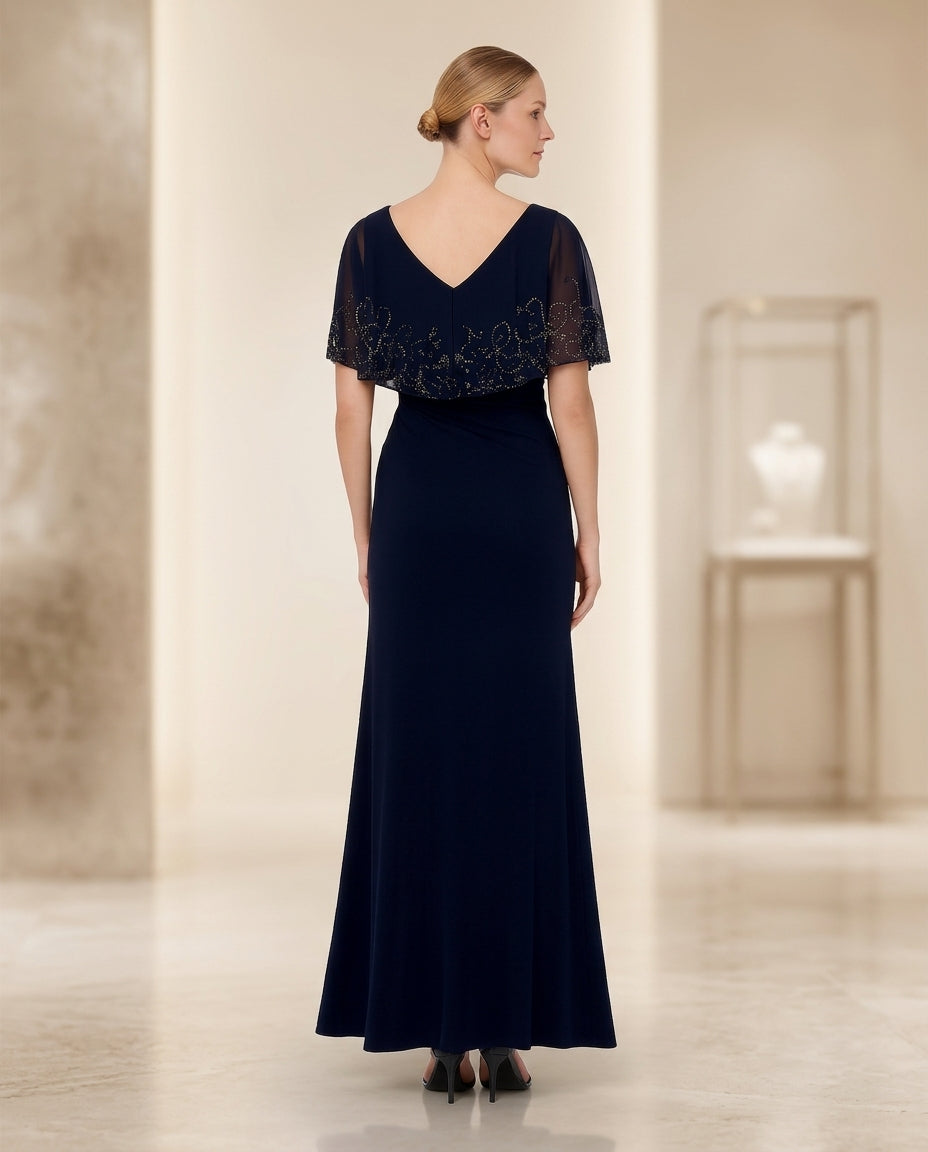 Vestido de fiesta Cristal con capita y aplicaciones en pedrería color azul talla 40